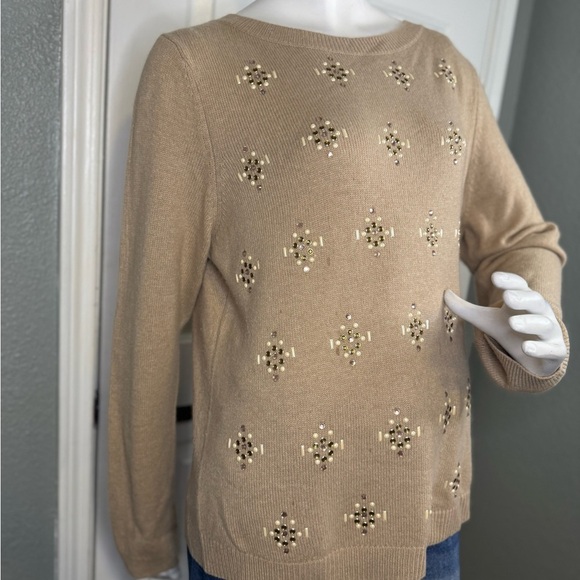 Talbots Womens Taupe Rhinestones Wool/Cashmere Blend Crew Neck Sweater. - Picture 4 of 11